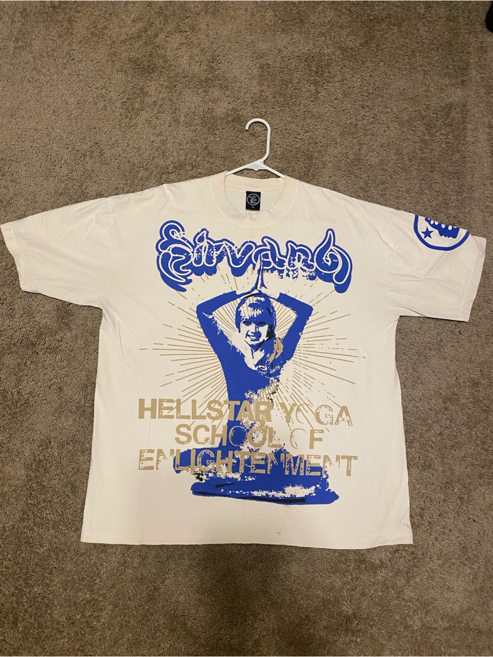 Hellstar Offical Graphic Short Sleeve Tee - Cream with Blue Print Used with Flaw
